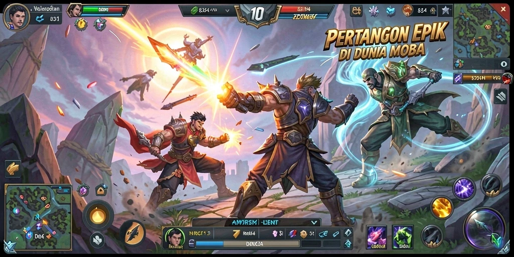 Tangkapan layar utama menunjukkan pertempuran seru dalam game MOBA.