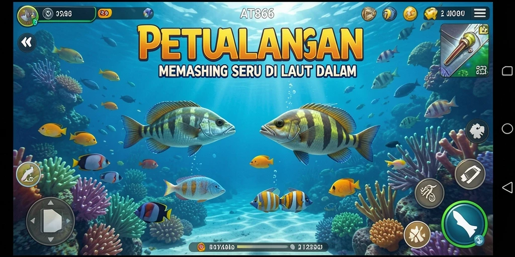 Screenshot gameplay AT866 menunjukkan momen mendebarkan saat menangkap ikan.