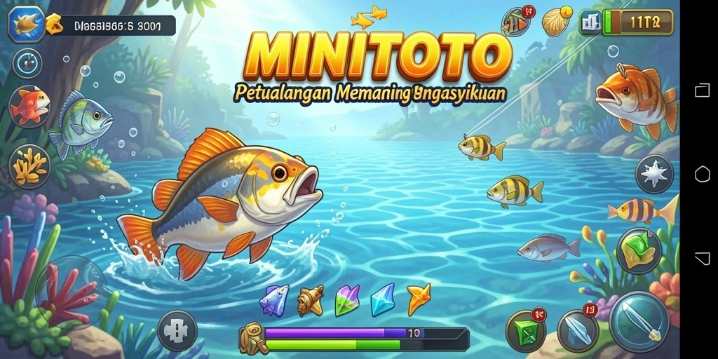 Screenshot gameplay MINITOTO menampilkan aksi seru memancing di laut.