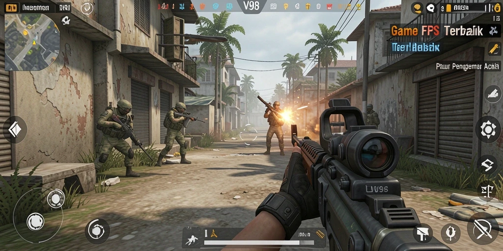 Tampilan utama gameplay V98 dengan intensitas aksi yang tinggi.